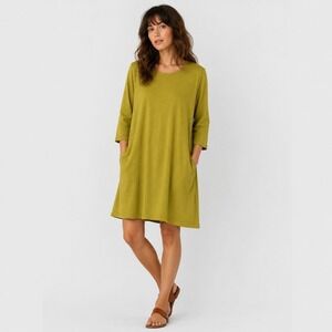 Pacific Cotton Tunic Dress Womens Medium Chartreuse 3/4 Sleeve Pockets USA Made